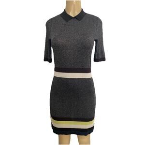 TED BAKER Dress Knit Metallic Silver Short Sleeve Striped Collared Shimmer 0 XS